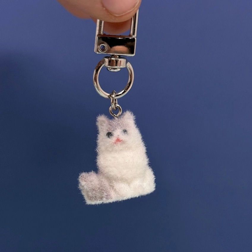 White Flocked Kitty Bag Charm Keychain