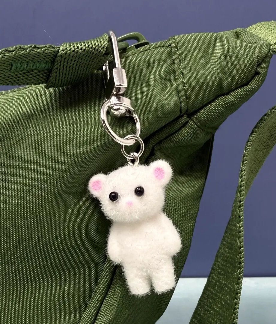 White Flocked Bear Bag Charm Keychain
