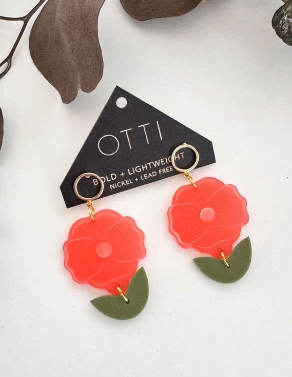 Botanical Orange Poppy Flower Dangle Earrings