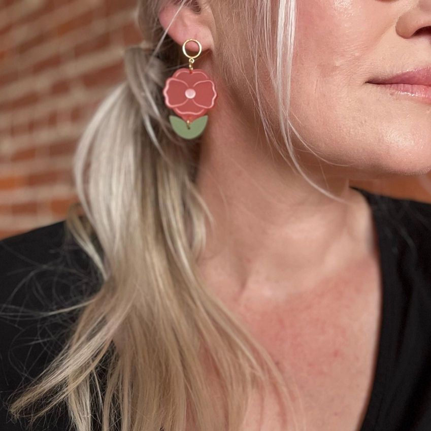 Botanical Orange Poppy Flower Dangle Earrings