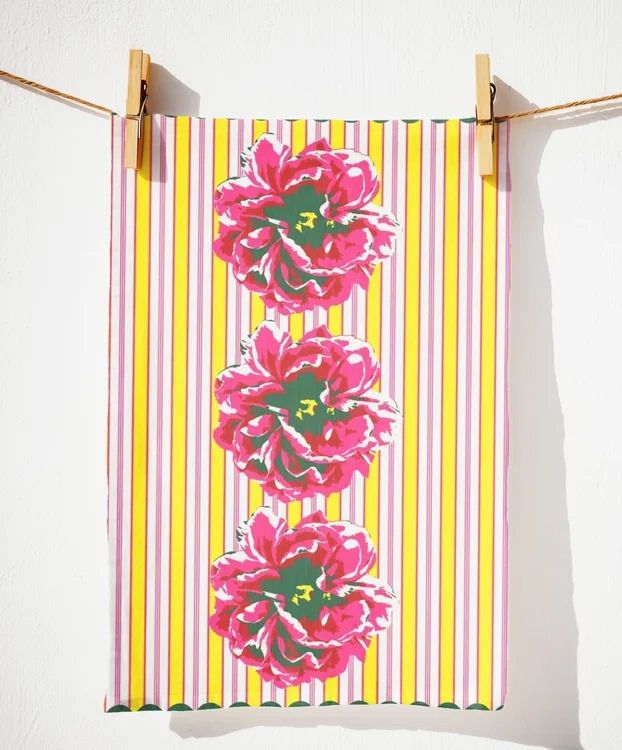 Flowers With Pink And Yellow Stripes Kitchen Towel