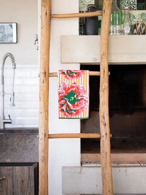 Flowers With Pink And Yellow Stripes Kitchen Towel
