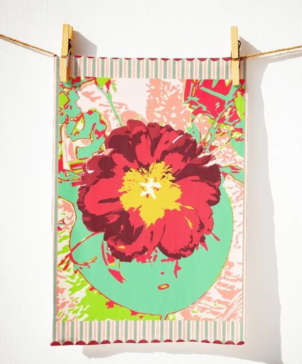 Red Flower With Green And Pink Stripes Kitchen Towel