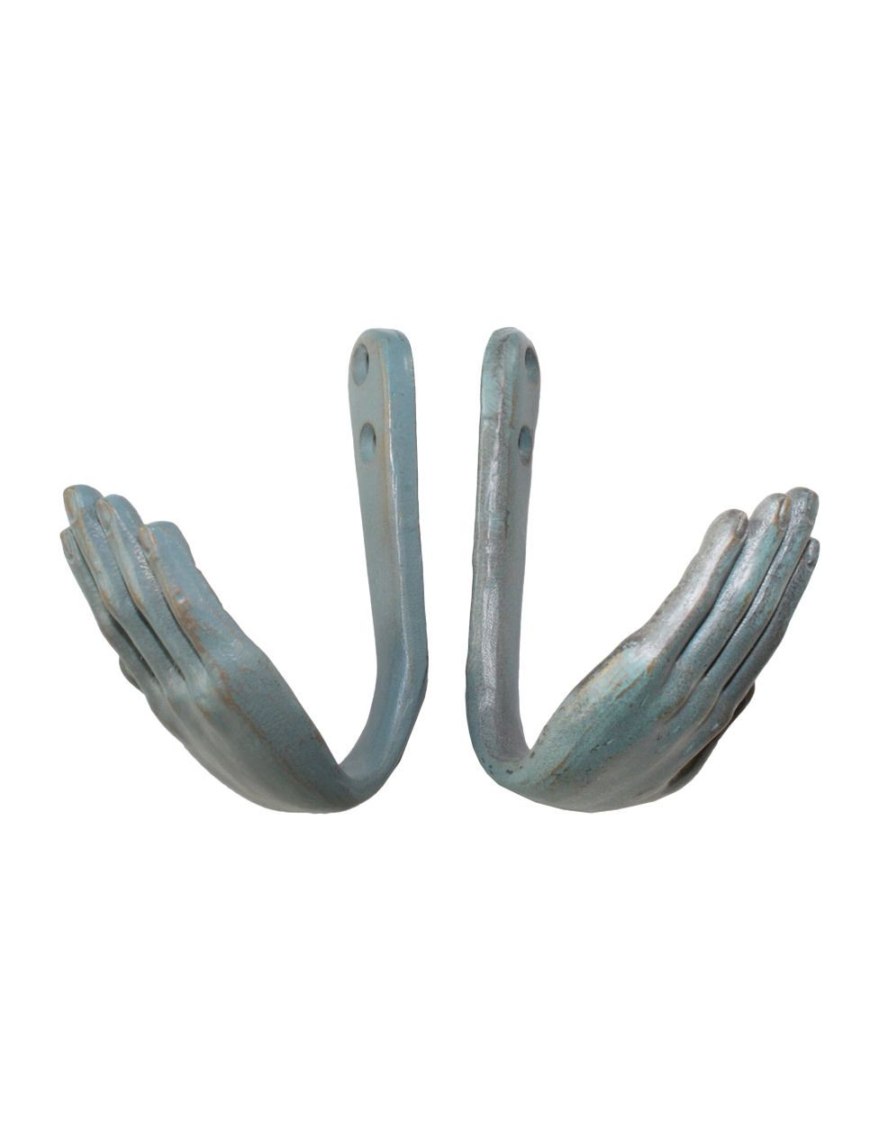 Distressed Blue Open Hands Metal Wall Hooks Set Of 2