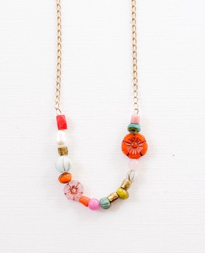 Dainty Pearl Flower And Recycled Bead Coral And Pink Necklace