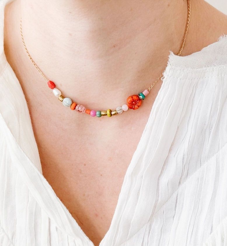 Dainty Pearl Flower And Recycled Bead Coral And Pink Necklace