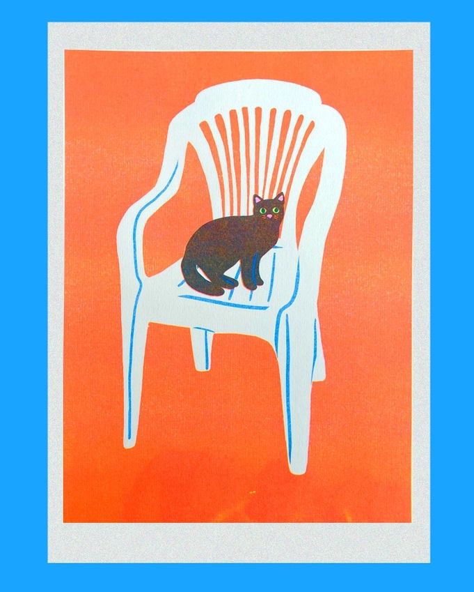 Black Cat In Chair A4 Risograph Print