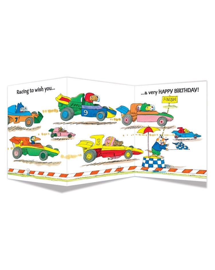 Richard Scarry's Tri-Fold Racing to Wish You A Very Happy Birthday Card