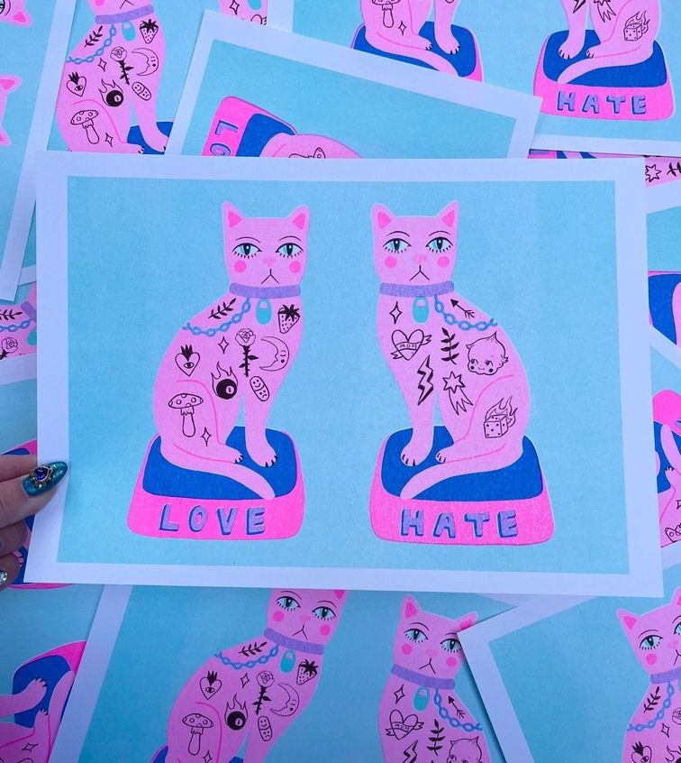 Love Hate Cats A4 Risograph Print