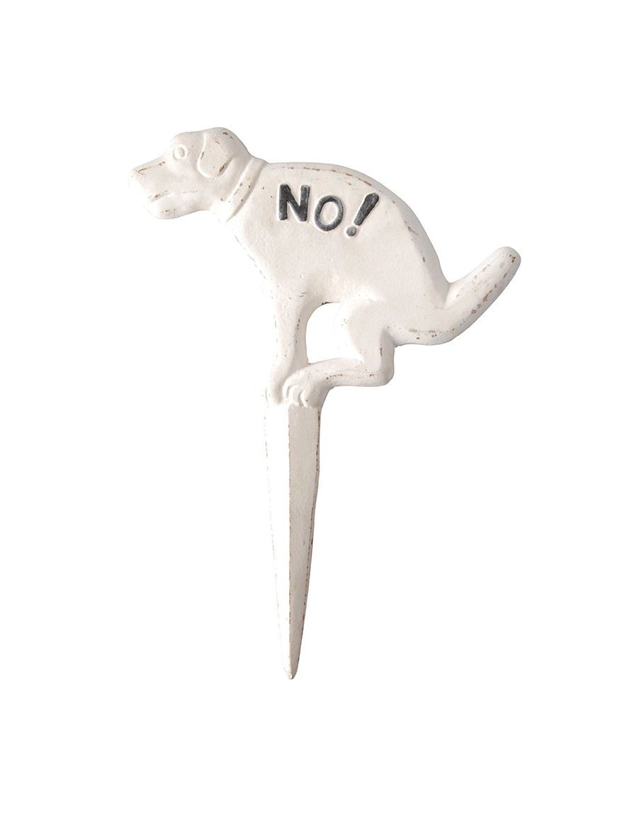 No! Pooping Dog White Cast Iron Yard Stake Sign