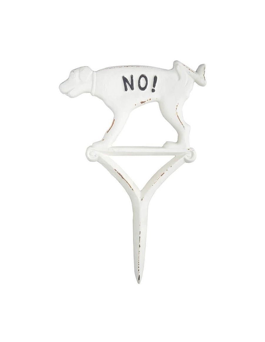 No! Peeing Dog White Cast Iron Yard Stake Sign