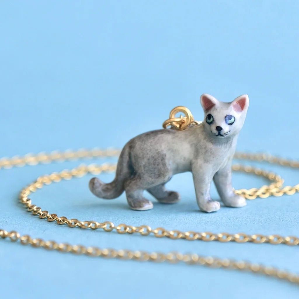 Grey Cat Porcelain Necklace