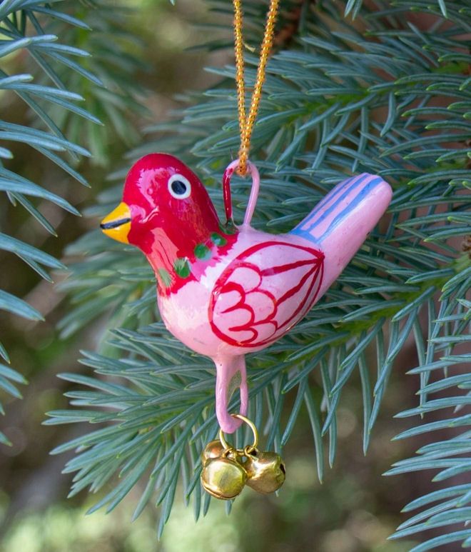 Hand Painted Hanging Pink Bird With Bells