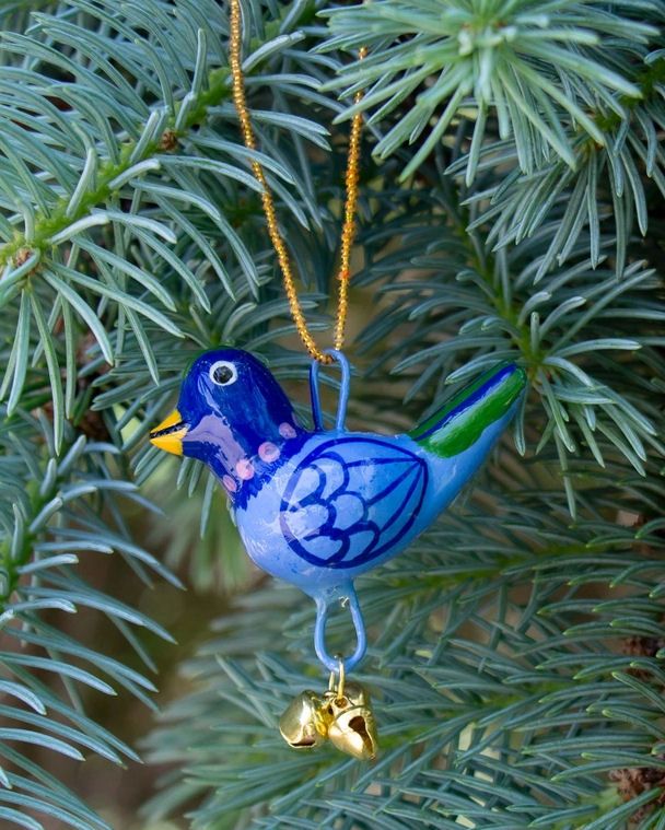 Hand Painted Hanging Blue Bird With Bells