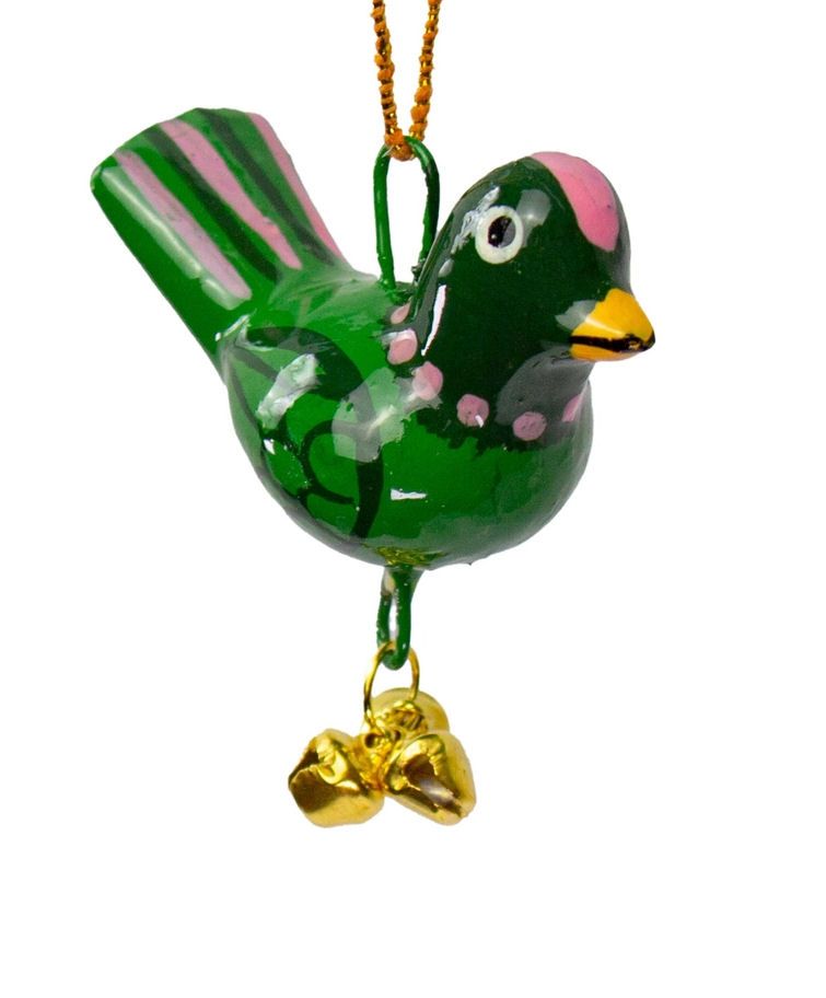 Hand Painted Hanging Green Bird With Bells