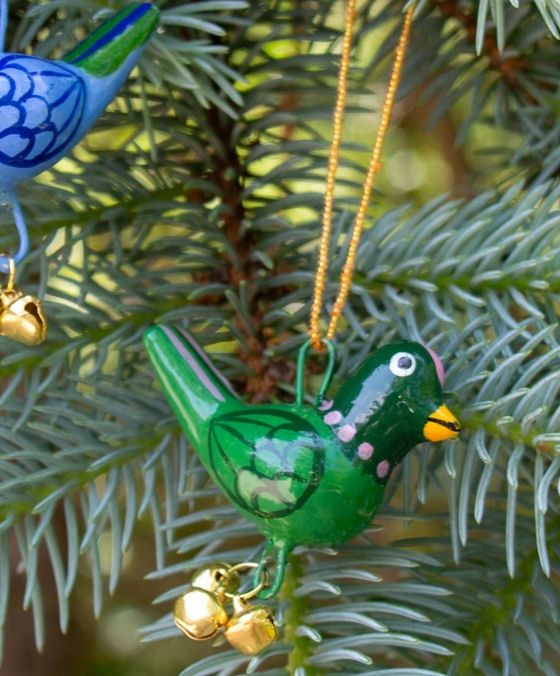 Hand Painted Hanging Green Bird With Bells