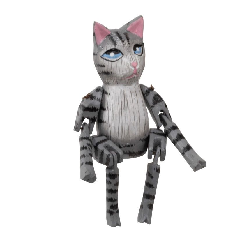 Small Wood Gray Tabby Cat Figurine
