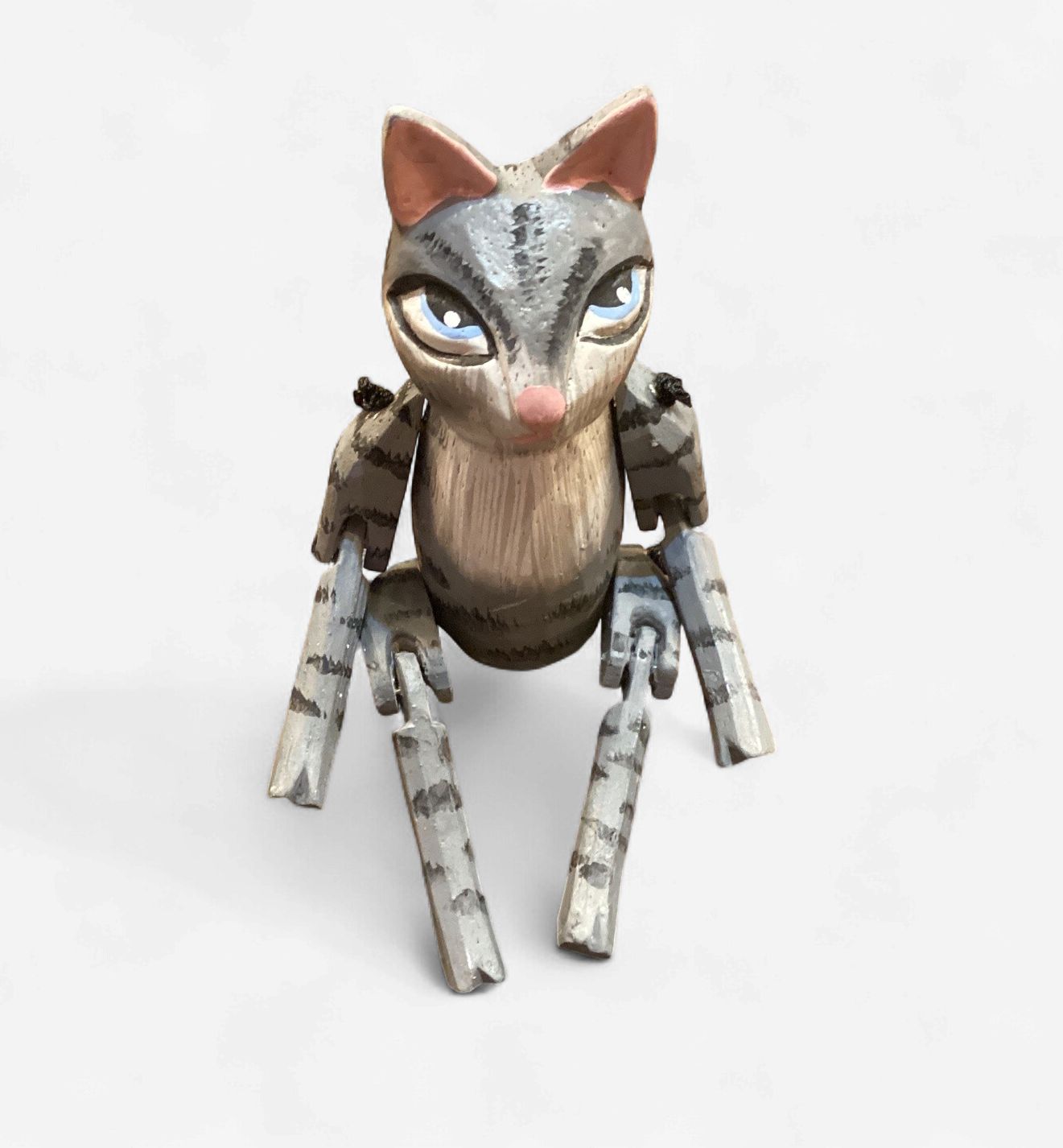 Small Wood Gray Tabby Cat Figurine