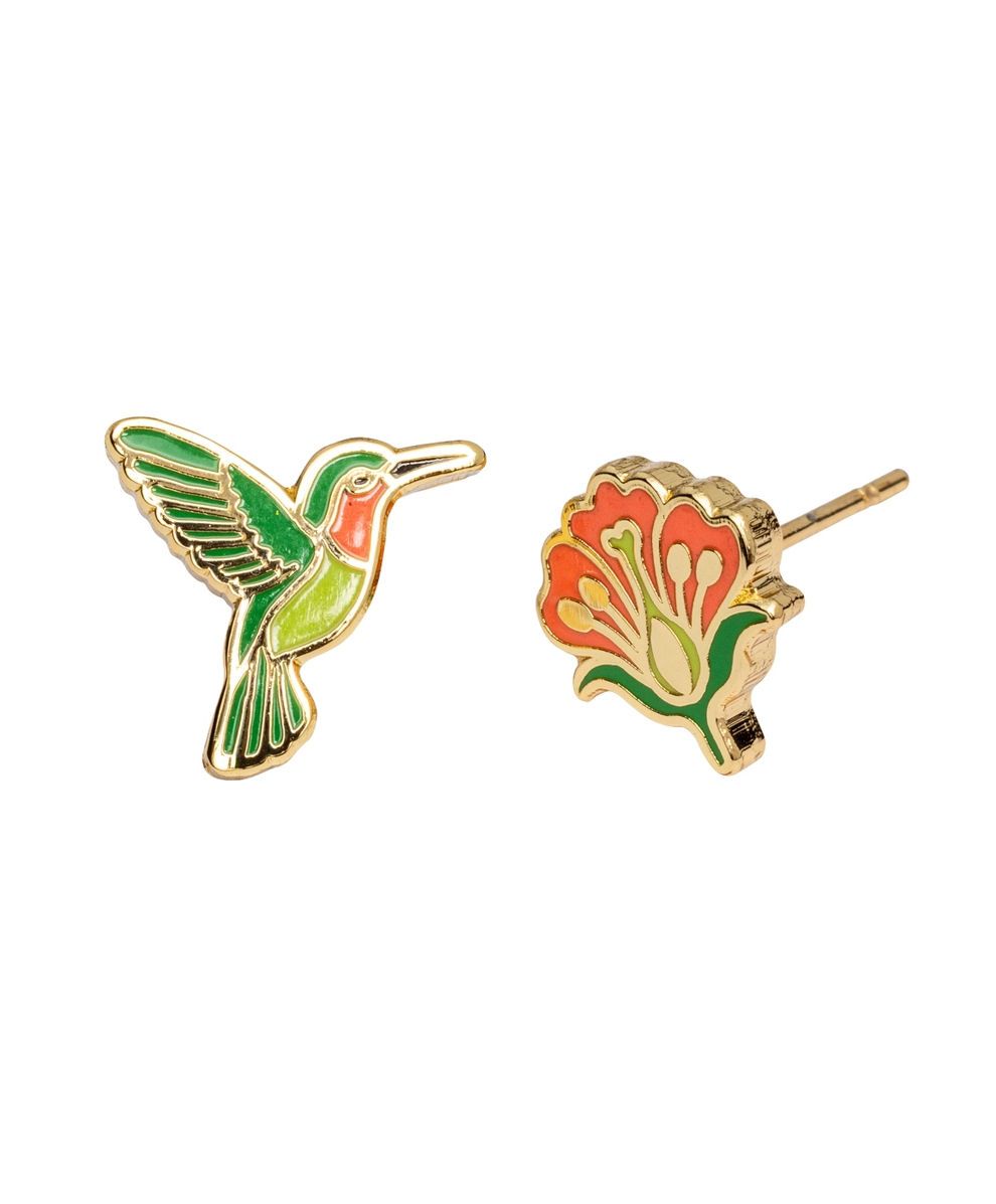 Curio Hummingbird And Flower Mismatched Gold Stud Earrings