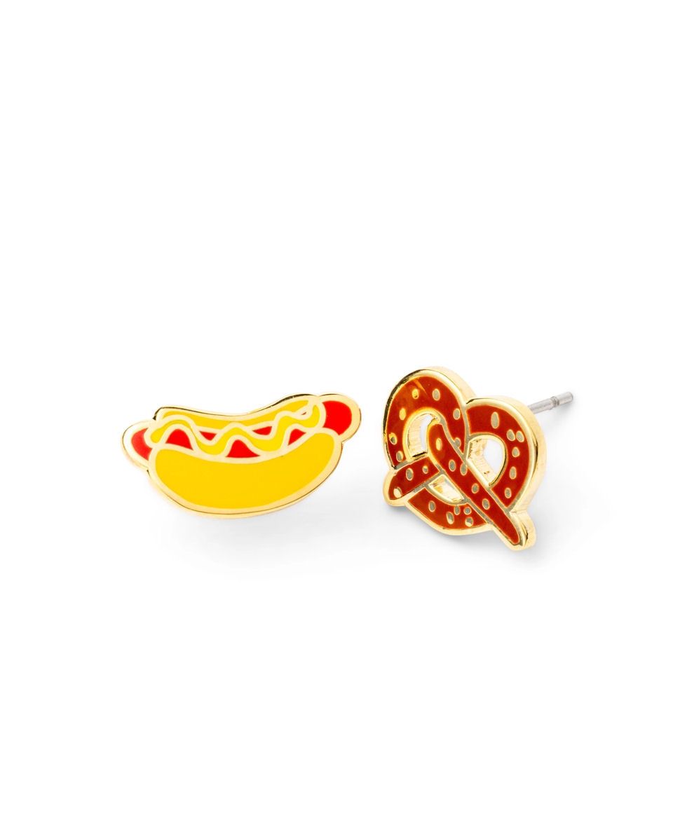 Pretzel And Hotdog Mismatched Gold Stud Earrings