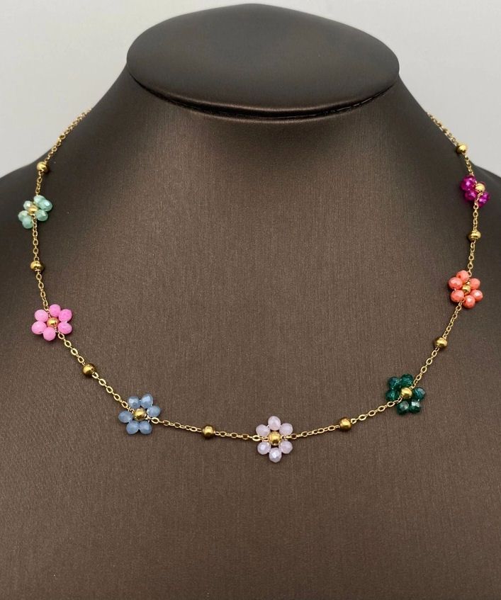 7 Color Glass Bead Flower Gold Plated Necklace