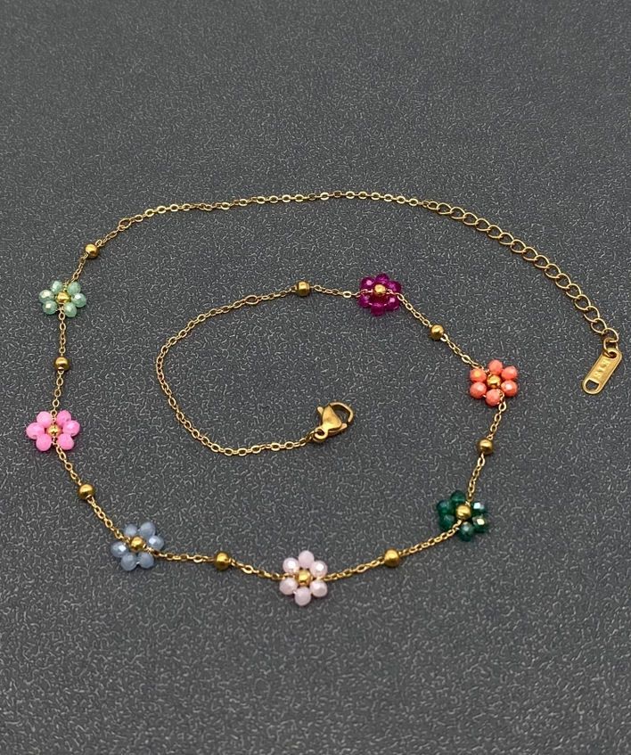 7 Color Glass Bead Flower Gold Plated Necklace