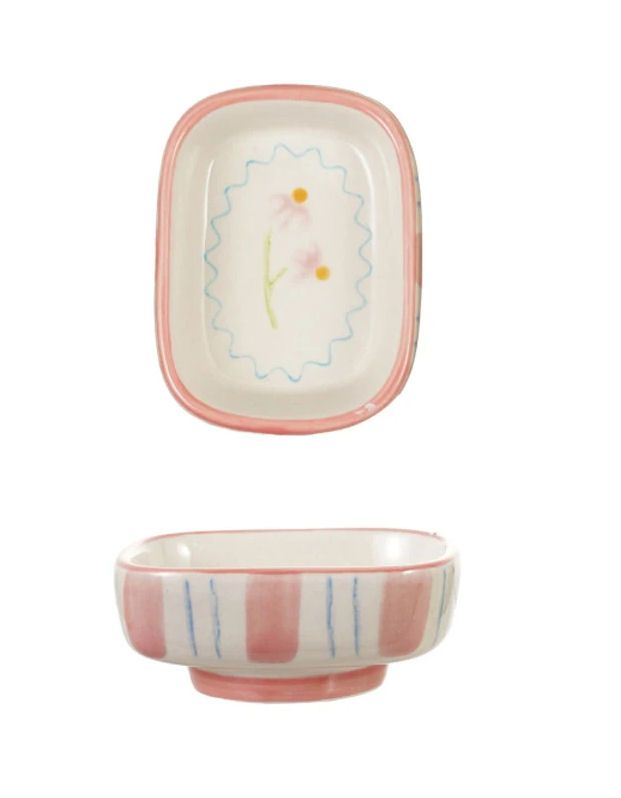 Stoneware Painted Footed Trinket Dish, Color: Pink Flower