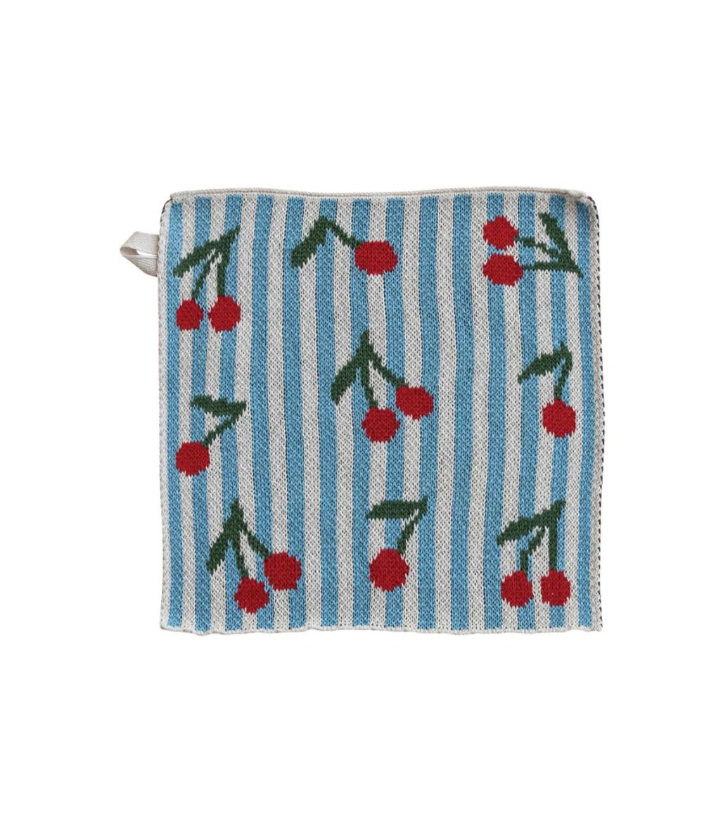 Cotton Knit Dish Cloth With Fruit Patterns, Color: Cherry Blue Stripes