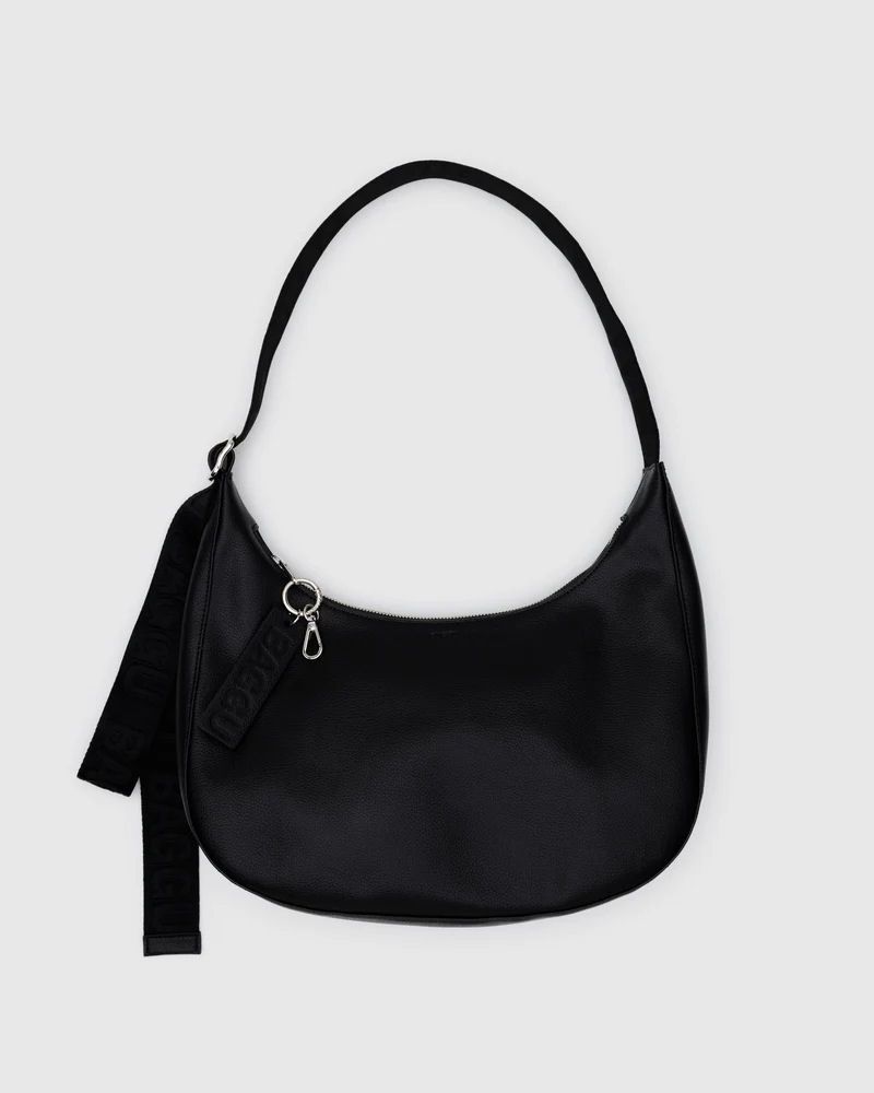Baggu Black Medium Recycled Leather Flat Crescent Bag
