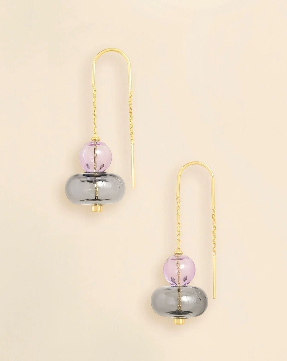 Refined Glass Stacked Threader Lavender Smoke Gold Earrings
