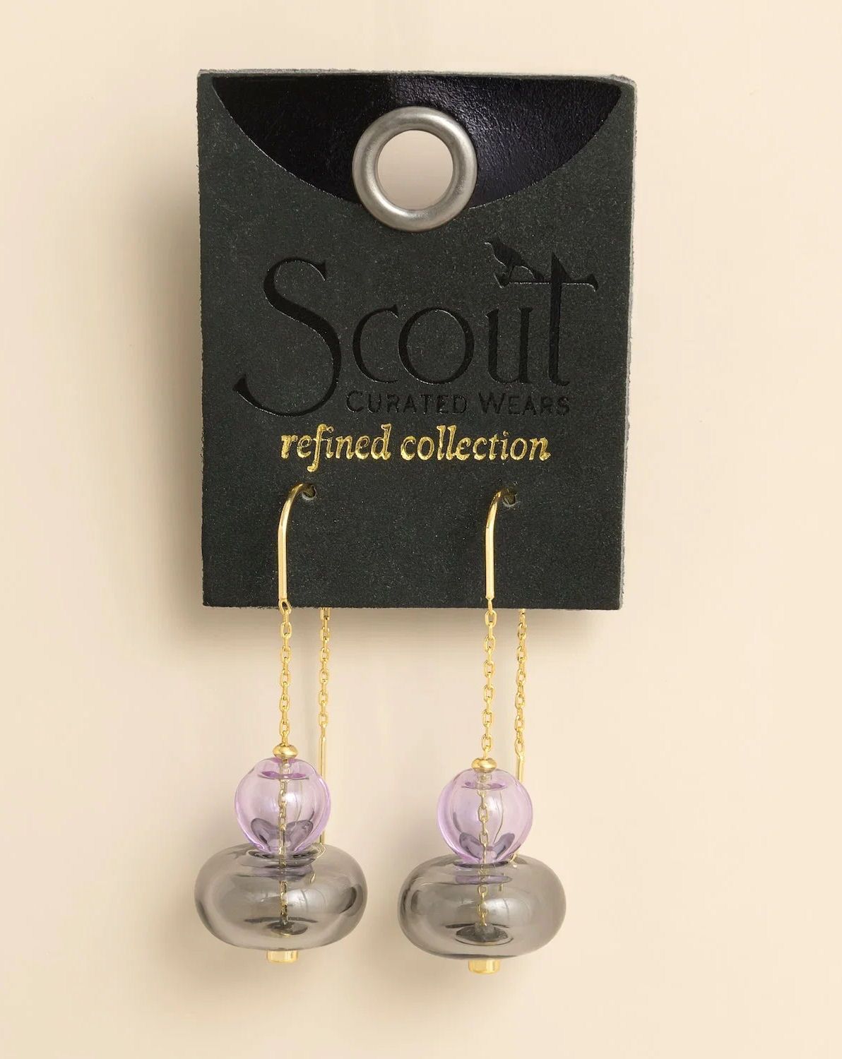 Refined Glass Stacked Threader Lavender Smoke Gold Earrings