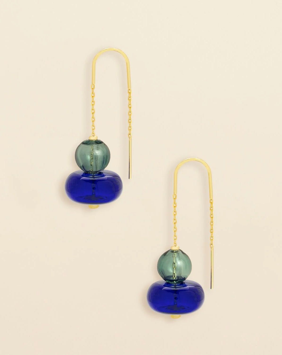 Refined Glass Stacked Threader Teal Blue Gold Earrings