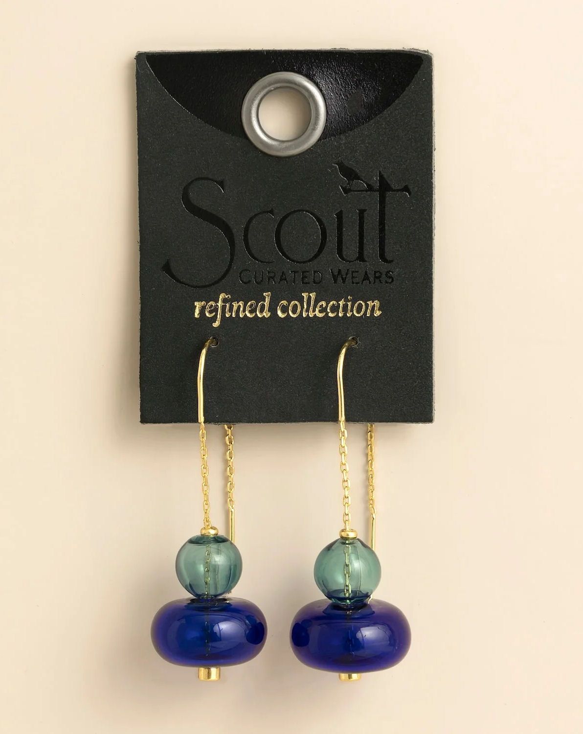 Refined Glass Stacked Threader Teal Blue Gold Earrings