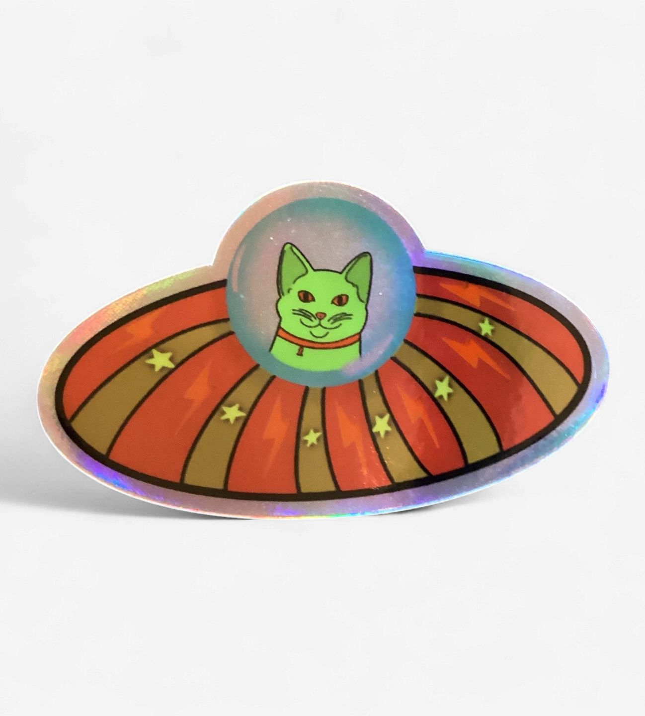 Cat In UFO Holographic Sticker