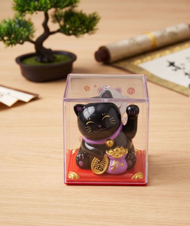 Solar Waving Chubby Black Lucky Cat Figurine With Coins