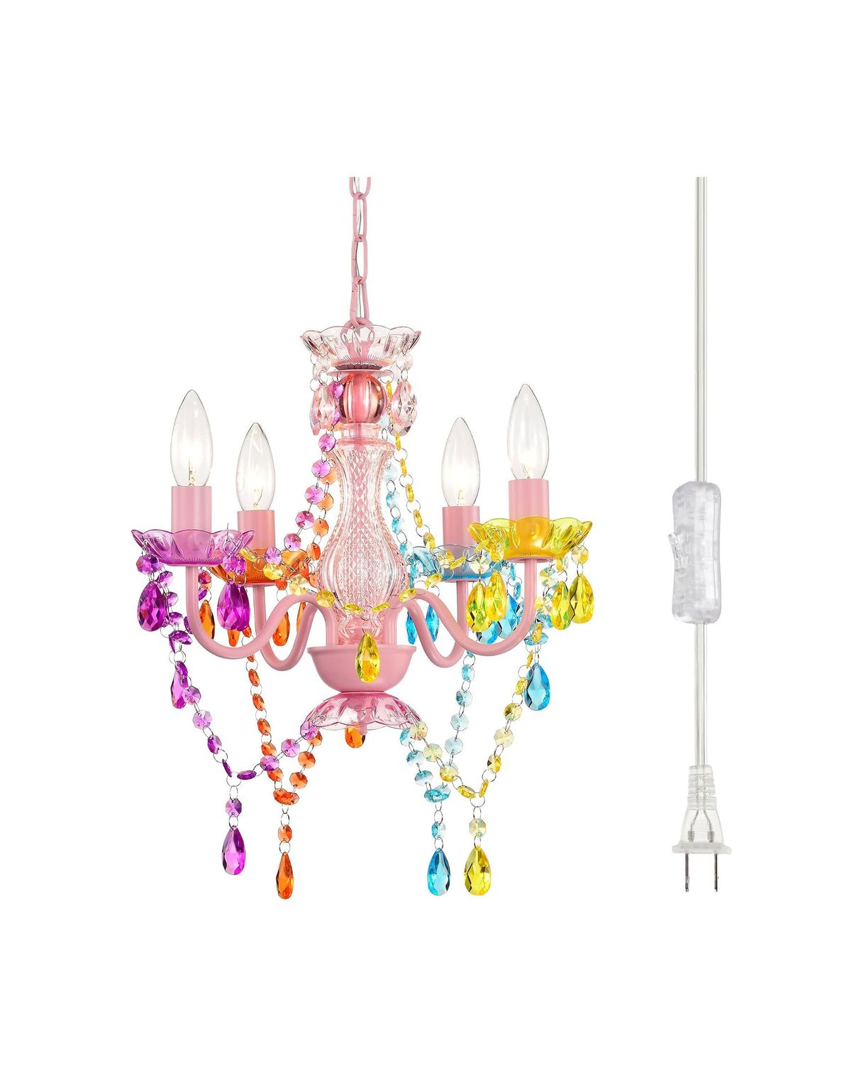 4 Light Multi Colored Plug In Chandelier With Pink Base