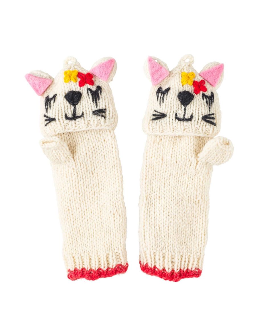 White Cat Knitted Fingerless Gloves