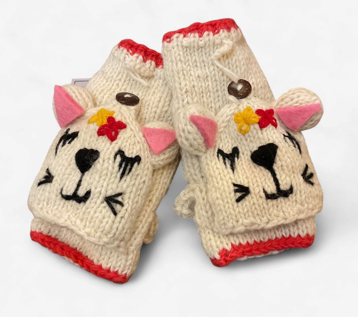 White Cat Knitted Fingerless Gloves