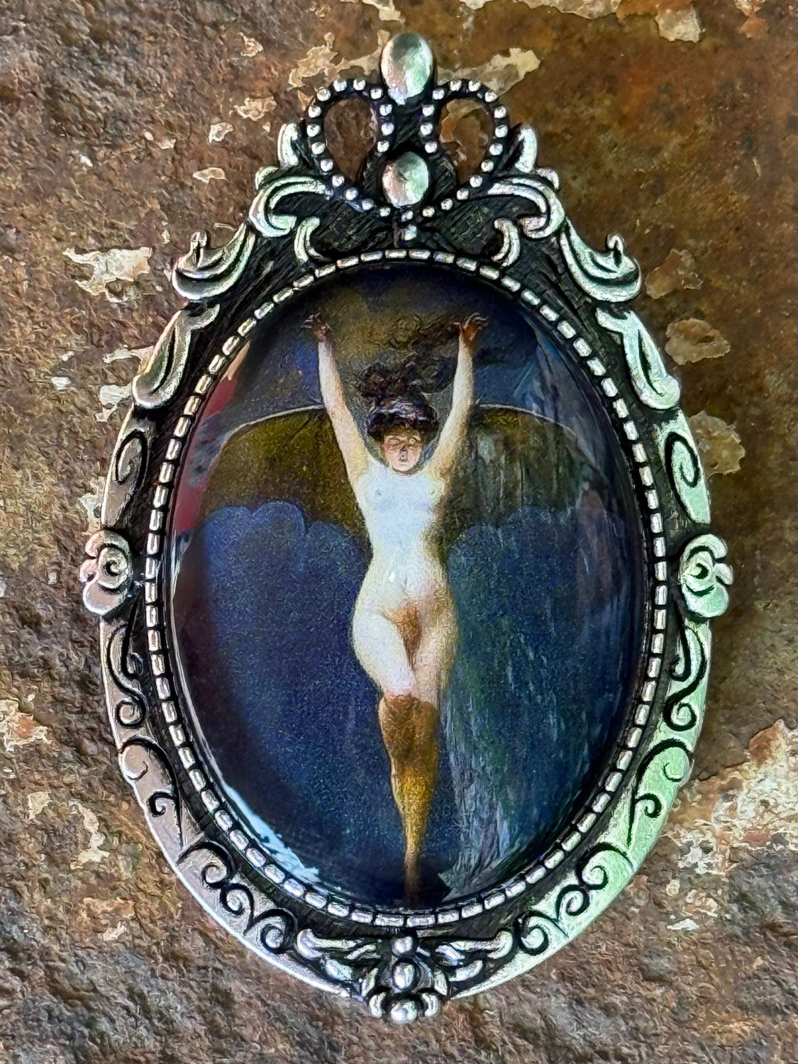 Victorian Bat Woman Painting Brooch