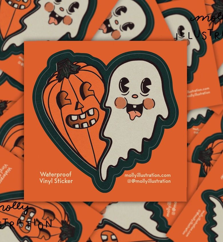 Spooky Pals Ghost And Pumpkin Halloween Heart Sticker