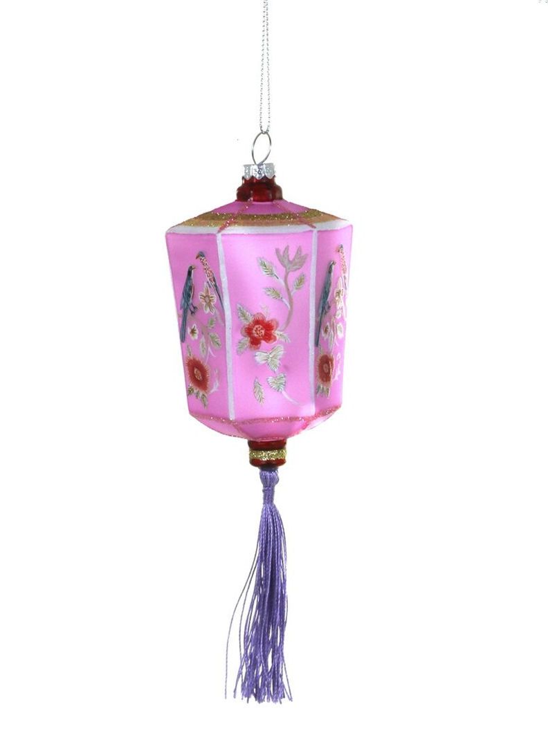 Pink Bird Chinoiserie Lantern Glass Ornament