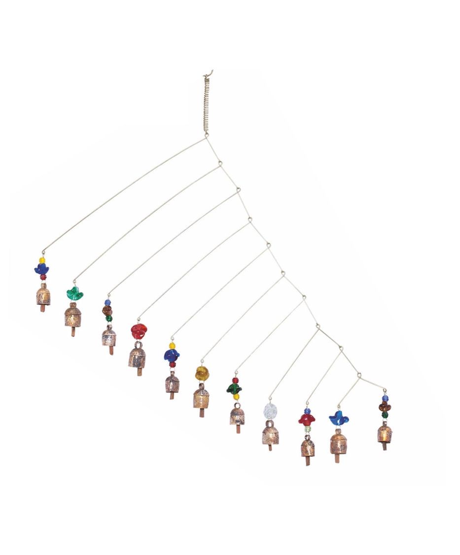 Eleven Bells With Colored Beads And Wire Mobile