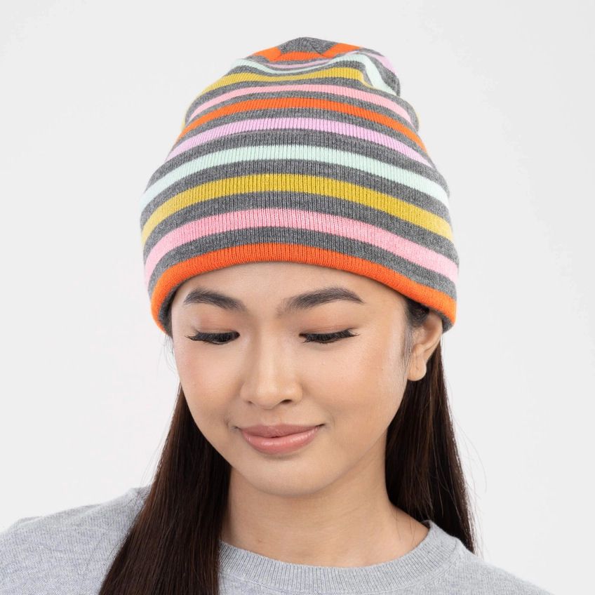 Color Stripe Gray Knit Beanie
