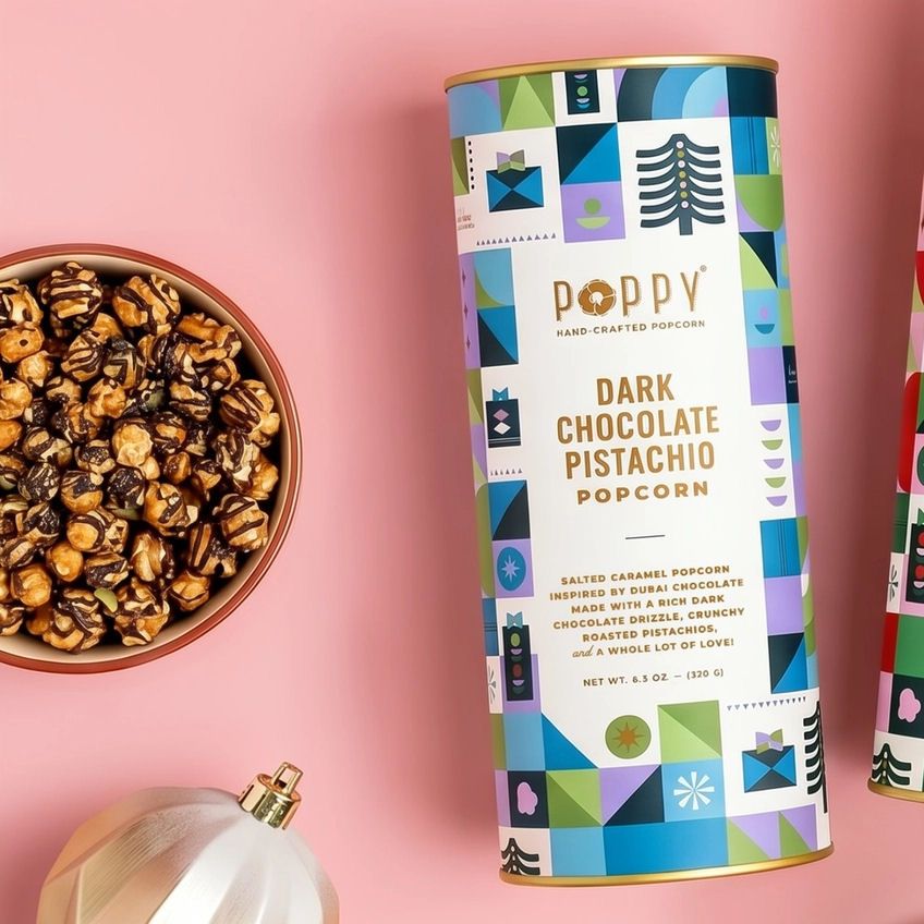 Dark Chocolate Pistachio Poppy Popcorn Tin