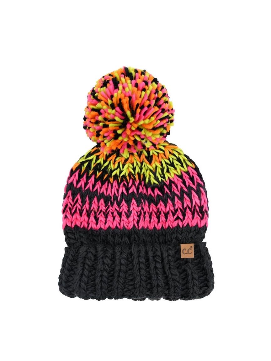 Black Mix Multicolor Chunky Pom Winter Beanie