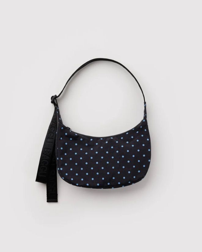 Baggu Small Nylon Black And Sky Blue Micro Dot Crescent Bag