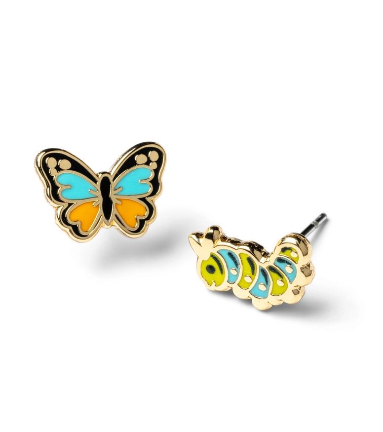 Curio Butterfly And Caterpillar Mismatched Gold Stud Earrings