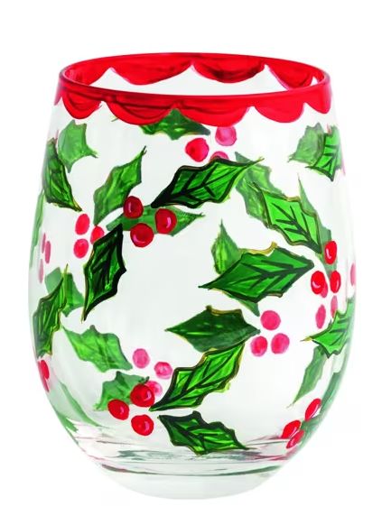 Holly Painted Wine Glass