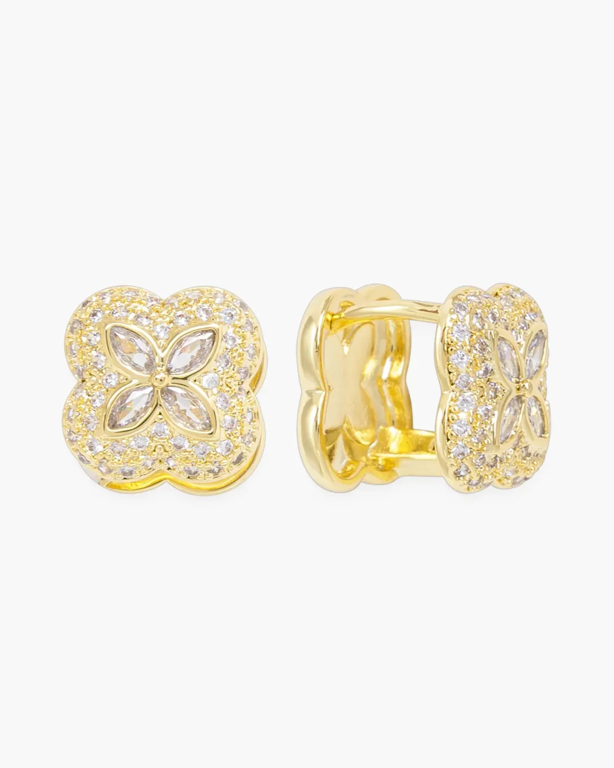Gold CZ Clover Huggie Earrings