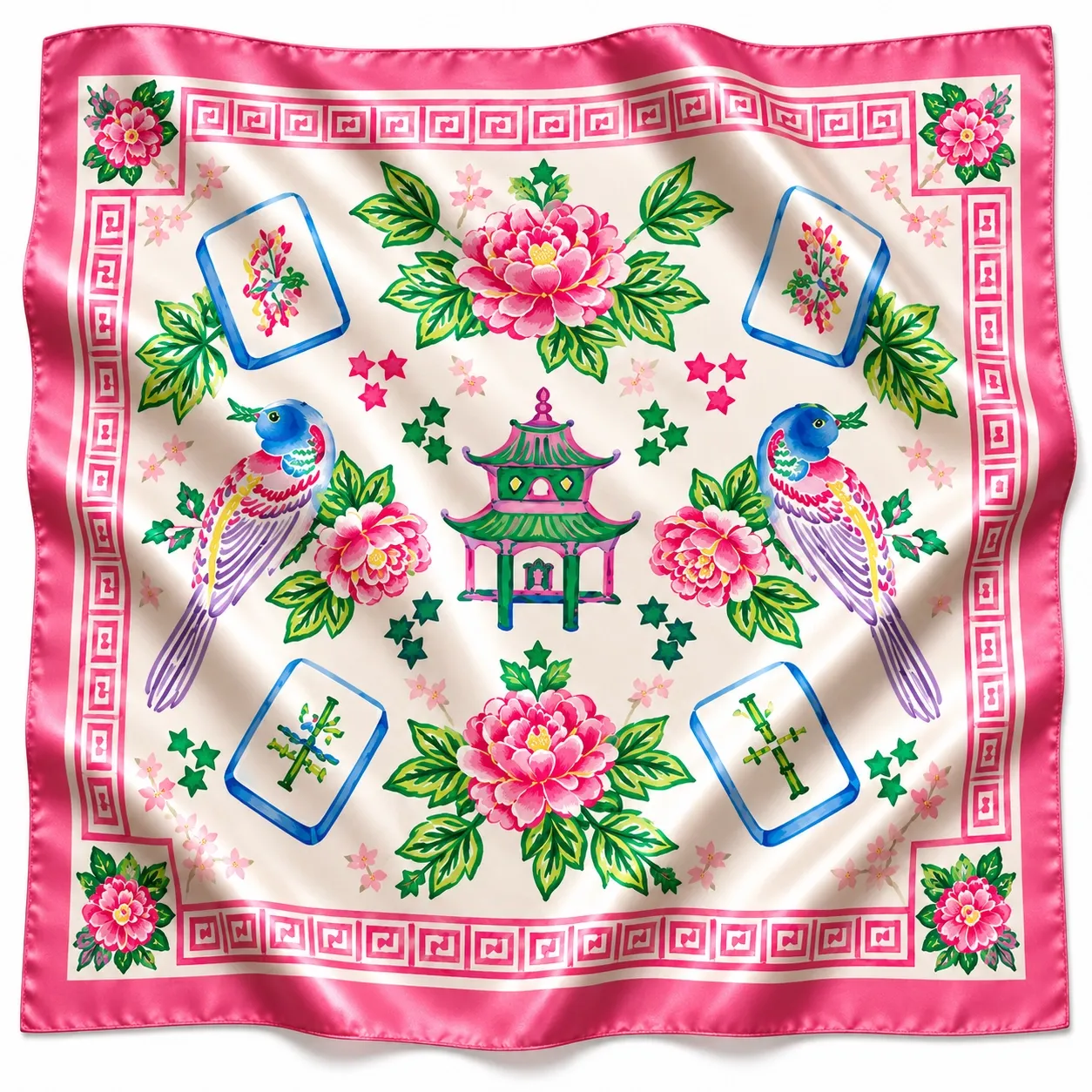Mahjong Garden Silky Bandana Scarf, Color: Pink